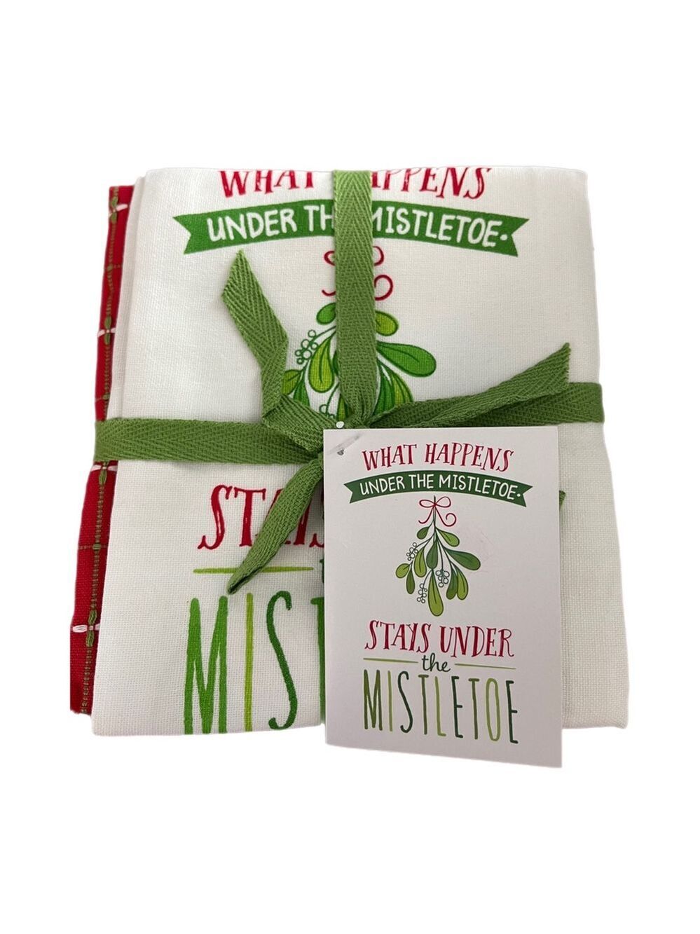 Holiday Dish Towel Set by DII - Funny Mistletoe Quote - Red & Green 100 % Cotton